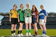 26 March 2012; Ladies Gaelic stars of tomorrow gathered in Croke Park today ahead of the Tesco Post Primary Schools Junior All-Ireland Finals which take place on Saturday 31st March. Schools from Tipperary, Tyrone, Galway, Wexford and Dublin have reached this year’s Tesco Junior A, B and C finals. Pictured are captains, from left, Eabha Ruitleis, Coláiste Íosagáin, Stillorgan, Co. Dublin, Olivia Divilly, Dunmore Community School, Co. Galway, Hannah Murphy, St. Mary's, New Ross, Co. Wexford, Niamh McGirr, Loreto Grammer, Omagh, Co. Tyrone, and Darina Keane, Scoil Bhride Mercy, Tuam, Co. Galway. Croke Park, Dublin. Photo by Sportsfile