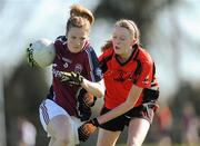 26 March 2012; Siobhán Gavin, Presentation Athenry, in action against Helen Regan, Scoil Mhuire SS. Tesco All-Ireland Post Primary Schools Senior B Final, Scoil Mhuire SS, Trim, Co. Meath v Presentation Athenry, Athenry, Co. Galway, Coralstown Kinnegad GAA Club, Kinnegad, Co. Westmeath. Picture credit: Daire Brennan / SPORTSFILE