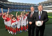 27 March 2012; In attendance at the national launch of the 2012 Kellogg’s GAA Cúl Camps are, Ard Stiúrthóir Páraic Duffy, right, and Jim McNeill, Managing Director, Kellogg’s Ireland, with from left, Caoimhe McGarry, age 8,Allen Gaels, Drumshanbo, Niamh Morahan, age 8, Allen Gaels Drumshanbo, Eabha Last, age 9, Kilanerin GAA Club, Wexford, Rhiannon Campbell, age 6, Dublin 7 Educate Together N.S., Jack Sullivan, age 6, from Howth, Matthew Ryan, age 11, Faughs GAA Club, Templeogue, Conor Sullivan, age 10, Kilmacud Crokes, Dublin, and Daniel Ryan, age 9, Faughs GAA Club, Templeogue. Croke Park, Dublin Picture credit: Brian Lawless / SPORTSFILE