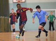 27 March 2012; Maxvd Ntumba, University of Limerick, in action against Kevin Dunne, Univeristy College Dublin, during the 7th/8th place play-off game. Colleges and Universities Futsal National Cup Finals, Gormanston College, Gormanston Co. Meath. Photo by Sportsfile