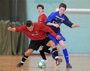 27 March 2012; Armenius Belcivius, I.T. Carlow, in action against Jordan Lennon, University of Ulster, during their semi-final game. Colleges and Universities Futsal National Cup Finals, Gormanston College, Gormanston Co. Meath. Photo by Sportsfile