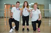 24 July 2017; Team Ireland athletes, from left, Micheal McKillop, who won gold in both the T38 800m and T37 1500m, Niamh McCarthy, who won silver in the F41 Discus and Noelle Lenihan, who won silver in the F38 Discus, picture during the Homecoming of the Irish Team from the World Para Athletics Championships in London at Dublin Airport. Photo by Sam Barnes/Sportsfile