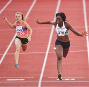 24 July 2017; Team Ireland's Patience Jumbo Gula, from Dundalk, Co. Louth, winning the womens 100m semi-final during the European Youth Olympic Festival 2017 at Olympic Park in Gyor, Hungary. Photo by Eóin Noonan/Sportsfile