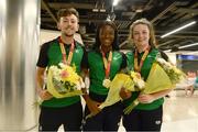 24 July 2017; Pictured are, from left to right, John Fitzsimons, who won bronze in the men’s 800m, Gina Akpe-Moses, who won gold in 100m Women, and Michaela Walsh, who won bronze in the Hammer, at the homecoming of the Irish Team from the European Athletics Under-20 Championships in Italy at Dublin Airport. Photo by Sam Barnes/Sportsfile