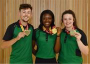 24 July 2017; Pictured are, from left to right, John Fitzsimons, who won bronze in the men’s 800m, Gina Akpe-Moses, who won gold in 100m Women, and Michaela Walsh, who won bronze in the Hammer, at the homecoming of the Irish Team from the European Athletics Under-20 Championships in Italy at Dublin Airport. Photo by Sam Barnes/Sportsfile