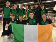24 July 2017; Pictured is John Fitzsimons, top centre, who won bronze in the men’s 800m, with team-mates at the homecoming of the Irish Team from the European Athletics Under-20 Championships in Italy at Dublin Airport. Photo by Sam Barnes/Sportsfile