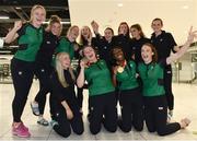 24 July 2017; Pictured are Michaela Walsh, second, from left, who won bronze in the Hammer, and Gina Akpe-Moses, second from right, who won gold in the 100m's, with their team-mates at the homecoming of the Irish Team from the European Athletics Under-20 Championships in Italy at Dublin Airport. Photo by Sam Barnes/Sportsfile
