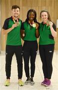 24 July 2017; Pictured are, from left to right, John Fitzsimons, who won bronze in the men’s 800m, Gina Akpe-Moses, who won gold in 100m Women, and Michaela Walsh, who won bronze in the Hammer, at the homecoming of the Irish Team from the European Athletics Under-20 Championships in Italy at Dublin Airport. Photo by Sam Barnes/Sportsfile