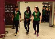 24 July 2017; Team Ireland's medallists, from left, John Fitzsimons who won bronze in the 800m, Gina Apke-Moses, who won gold in the 100m and Michaela Walsh who won bronze in the Women's Hammer, pictured during the Homecoming of the Irish Team from the European Athletics Under-20 Championships in Italy at Dublin Airport. Photo by Sam Barnes/Sportsfile