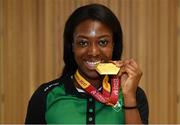 24 July 2017; Gina Apke-Moses, who won gold in the 100m, pictured during the Homecoming of the Irish Team from the European Athletics Under-20 Championships in Italy at Dublin Airport. Photo by Sam Barnes/Sportsfile