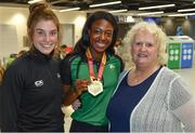 24 July 2017; Team Ireland athletes Gina Akpe-Moses, centre, who won gold in the 100m's, and Kate O'Connor, left, with Athletics Ireland President Georgina Drumm, at the homecoming of the Irish Team from the European Athletics Under-20 Championships in Italy at Dublin Airport. Photo by Sam Barnes/Sportsfile