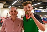 24 July 2017; John Fitzsimons, who won bronze in the men’s 800m, pictured with his coach Joe Ryan during the Homecoming of the Irish Team from the European Athletics Under-20 Championships in Italy at Dublin Airport. Photo by Sam Barnes/Sportsfile