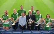 25 July 2017; In attendance at the M.Donelly Poc Fada Finals Launch are from left, Faye McCarthy of Dublin, Kevin Moran of Waterford, Brendan Cummins of Tipperary, Wexford hurling manager Davy Fitzgerald, Martin Donnelly of MD Sports, Anthony Nash of Cork, James McInerney of Clare, and Aoife Murray of Cork, at Croke Park in Dublin. Photo by Sam Barnes/Sportsfile