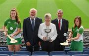 25 July 2017; In attendance at M.Donelly Poc Fada Finals Launch are, from left, Faye McCarthy of Dublin, Martin Donnelly of MD Sport, Ard Stiúrthóir Camogie Joan O'Flynn, Poc Fada Chairman Humphrey Kelleher and Aoife Murray of Cork, pictued at Croke Park in Dublin. Photo by Sam Barnes/Sportsfile