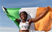 25 July 2017; Team Ireland's Patience Jumbo Gula, from Dundalk, Co. Louth, celebrates after coming third place in the womens 100m race during the European Youth Olympic Festival 2017 at Olympic Park in Gyor, Hungary. Photo by Eóin Noonan/Sportsfile
