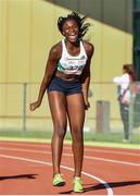 25 July 2017; Team Ireland's Patience Jumbo Gula, from Dundalk, Co. Louth, celebrates after coming third place in the womens 100m race during the European Youth Olympic Festival 2017 at Olympic Park in Gyor, Hungary. Photo by Eóin Noonan/Sportsfile