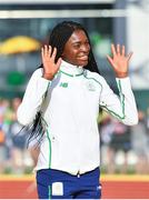 26 July 2017; Team Ireland's Patience Jumbo Gula, from Dundalk, Co. Louth, before receiving her bronze medal after coming third in the women's 100m final at the European Youth Olympic Festival in Gyor, Hungary. Photo by Eóin Noonan/Sportsfile