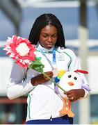 26 July 2017; Team Ireland's Patience Jumbo Gula, from Dundalk, Co. Louth, with her bronze medal after coming third in the women's 100m final at the European Youth Olympic Festival in Gyor, Hungary. Photo by Eóin Noonan/Sportsfile