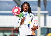 26 July 2017; Team Ireland's Patience Jumbo Gula, from Dundalk, Co. Louth, with her bronze medal after coming third in the women's 100m final at the European Youth Olympic Festival in Gyor, Hungary. Photo by Eóin Noonan/Sportsfile