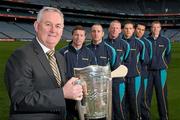 30 March 2012; Uachtarán Chumann Lúthchleas Gael Criostóir Ó Cuana with Centra’s GAA Hurling Ambassadors for 2012, from left, Damien Hayes, Galway, Eoin Kelly, Tipperary, John Mullane, Waterford, Conal Keaney, Dublin, Seán Óg Ó hAilpín, Cork, and Henry Shefflin, Kilkenny, today launched Centra’s programme of activity for the GAA All-Ireland Senior Hurling Championship. Centra who are celebrating the third year of sponsorship are spreading the hurling message throughout 15 communities around Ireland with its Centra Brighten Up Your Day Community events that will run from Saturday 21st April to Saturday 28th July. The family friendly free events will feature the top senior hurlers in Ireland and will take place in Dublin, Cork, Kilkenny, Galway, Offaly, Cavan, Donegal, Wexford, Kildare, Clare, Limerick, Waterford, Tipperary and Kerry. All events are free; registration will take place in Centra stores throughout the country or by email to centragaa@centra.ie or Freetext CENTRA followed by the county of the event you would like to attend and your name to 50050. For more information log onto www.centra.ie or www.facebook.com/centraireland. Croke Park, Dublin. Photo by Sportsfile