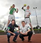 28 March 2012; Pictured at the announcement of the Olympic Handball High performance team are, Stephen McIvor, left, Performance Psychologist, Eddie O'Sullivan, right, High Performance Advisor, with players , Kari Andresson, top left, and Eoin O'Donovan. Morton Stadium, Santry, Dublin. Picture credit: David Maher / SPORTSFILE