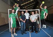 28 March 2012; Pictured at the announcement of the Olympic Handball High Performance team are, from left to right, Alan O'Brien, player, Kari Andresson, player, Stephen McIvor, Performance Psychologist, David Matthews, Strength and Conditioning Coach, Eddie O'Sullvan, High Performance Advisor, Julian Eberle, player and Mark Feguson, player. Morton Stadium, Santry, Dublin. Picture credit: David Maher / SPORTSFILE