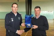 27 March 2012; Gerard Dunne, FAI, makes a presentation to David Lynch, Complex Manager Gormanston College. Colleges and Universities Futsal National Cup Finals, Gormanston College, Gormanston, Co. Meath. Photo by Sportsfile