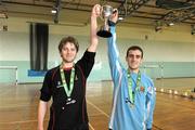 27 March 2012; University College Cork joint captains Paul Westerhof, left, and Roberto Bernabeam Verdu, hold the cup aloft after beating I.T. Carlow in the final. Colleges and Universities Futsal National Cup Finals, Gormanston College, Gormanston Co. Meath. Photo by Sportsfile