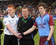 19 March 2012; Referee Joe McQuillan with Conor McAtamney, St. Patrick’s captain, left, and Rory Brennan, St. Michael’s captain. MacRory Cup Final, St. Patrick’s, Maghera v St. Michael’s, Enniskillen, Bessbrook, Morgan Athletic Grounds, Armagh. Picture credit: Oliver McVeigh / SPORTSFILE