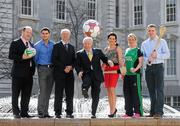 28 March 2012; At the launch of the new multi-million Sports Capital Programme are, from left to right, former Munster and Ireland rugby international Frankie Sheehan, Dublin footballer Bernard Brogan, Irish Sports Council Chief Executive John Treacy, Minister of State for Tourism and Sport Michael Ring TD, Wexford camogie player Claire O'Connor, Ireland hockey international Nikki Symmons and Tipperary hurler Noel McGrath. Government Buildings, Upper Merrion Street, Dublin. Picture credit: Matt Browne / SPORTSFILE