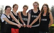 28 March 2012; In attendance at the launch of the AVIVA School Mile Challenge are, from left, Susanne Cohane, Lauren Byrne, Deimante Eatae, Aine Kennedy and Aoife O'Reilly, from St. Peters School, Dunboyne, Co. Meath. Santry Stadium, Santry, Dublin. Picture credit: Pat Murphy / SPORTSFILE