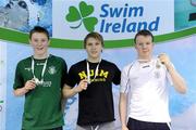29 February 2012; Gold medal winner in the Men's 200m Butterfly Niall Wynn, centre, with silver medalist David O'Sullivan, left, and bronze medalist Cian Duffy, at the Irish Long Course National Swimming Championships/Olympic Trials. National Aquatic Centre, Abbotstown, Dublin. Picture credit: Brian Lawless / SPORTSFILE