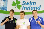 29 February 2012; Gold medal winner Andrew Meegan, centre, with silver medalist Conor Turner, left, and bronze medalist Brendan Gibbons, at the Irish Long Course National Swimming Championships/Olympic Trials. National Aquatic Centre, Abbotstown, Dublin. Picture credit: Brian Lawless / SPORTSFILE