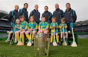 30 March 2012; Centra’s GAA hurling ambassadors for 2012, from left, Eoin Kelly, Tipperary, Seán Óg Ó hAilpín, Cork, Henry Shefflin, Kilkenny, Conal Keaney, Dublin, John Mullane, Waterford and Damien Hayes, Galway, alongside some young budding hurlers, from left, Alana Dunne, age 7, Thomas Dunne, age 10, Beth Dunne, age 8, Mark Byrne, age 8, AJ Jordan, age 5, Kevin Dunne, age 3, launched Centra’s programme of activity for the GAA All-Ireland Senior Hurling Championship in Croke Park. Centra who are celebrating the third year of sponsorship are spreading the hurling message throughout 15 communities around Ireland with its Centra Brighten Up Your Day Community events that will run from Saturday 21st April to Saturday 28th July. The family friendly free events will feature the top senior hurlers in Ireland and will take place in Dublin, Cork, Kilkenny, Galway, Offaly, Cavan, Donegal, Wexford, Kildare, Clare, Limerick, Waterford, Tipperary and Kerry. All events are free; registration will take place in Centra stores throughout the country or by email to centragaa@centra.ie or Freetext CENTRA followed by the county of the event you would like to attend and your name to 50050. For more information log onto www.centra.ie or www.facebook.com/centraireland. Croke Park, Dublin. Photo by Sportsfile