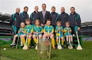 30 March 2012; Ian Allen, Sales Director Centra with Centra’s GAA hurling ambassadors for 2012, from left, Eoin Kelly, Tipperary, Seán Óg Ó hAilpín, Cork, Henry Shefflin, Kilkenny, Conal Keaney, Dublin, John Mullane, Waterford and Damien Hayes, Galway, alongside some young budding hurlers, from left, Alana Dunne, age 7, Thomas Dunne, age 10, Beth Dunne, age 8, Mark Byrne, age 8, AJ Jordan, age 5, Kevin Dunne, age 3, launched Centra’s programme of activity for the GAA All-Ireland Senior Hurling Championship in Croke Park. Centra who are celebrating the third year of sponsorship are spreading the hurling message throughout 15 communities around Ireland with its Centra Brighten Up Your Day Community events that will run from Saturday 21st April to Saturday 28th July. The family friendly free events will feature the top senior hurlers in Ireland and will take place in Dublin, Cork, Kilkenny, Galway, Offaly, Cavan, Donegal, Wexford, Kildare, Clare, Limerick, Waterford, Tipperary and Kerry. All events are free; registration will take place in Centra stores throughout the country or by email to centragaa@centra.ie or Freetext CENTRA followed by the county of the event you would like to attend and your name to 50050. For more information log onto www.centra.ie or www.facebook.com/centraireland. Croke Park, Dublin. Photo by Sportsfile