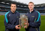 30 March 2012; Centra’s GAA Hurling Ambassadors for 2012, Seán Óg Ó hAilpín, left, Cork, and Henry Shefflin, Kilkenny, today launched Centra’s programme of activity for the GAA All-Ireland Senior Hurling Championship. Centra who are celebrating the third year of sponsorship are spreading the hurling message throughout 15 communities around Ireland with its Centra Brighten Up Your Day Community events that will run from Saturday 21st April to Saturday 28th July. The family friendly free events will feature the top senior hurlers in Ireland and will take place in Dublin, Cork, Kilkenny, Galway, Offaly, Cavan, Donegal, Wexford, Kildare, Clare, Limerick, Waterford, Tipperary and Kerry. All events are free; registration will take place in Centra stores throughout the country or by email to centragaa@centra.ie or Freetext CENTRA followed by the county of the event you would like to attend and your name to 50050. For more information log onto www.centra.ie or www.facebook.com/centraireland. Croke Park, Dublin. Photo by Sportsfile