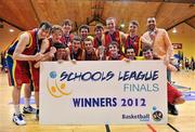 30 March 2012; The St Fintan's High School Sutton players celebrate their victory. All-Ireland Schools League Finals 2012, Presentation Bray, Wicklow v St Fintan's High School Sutton, Dublin, National Basketball Arena, Tallaght, Dublin. Picture credit: Barry Cregg / SPORTSFILE