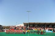 25 March 2012; The Ireland and Belgium teams during the National Anthems. Women’s 2012 Olympic Qualifying Tournament Final, FIH Road to London, Belgium v Ireland, Beerschot T.H.C., Kontich, Antwerp, Belgium. Picture credit: Stephen McCarthy / SPORTSFILE