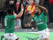 30 March 2012; Fetu'u Vainikolo, right, Connacht, celebrates with team mate John Muldoon after scoring his side's first try. Celtic League, Dragons v Connacht, Rodney Parade, Newport, Wales. Picture credit: Steve Pope / SPORTSFILE