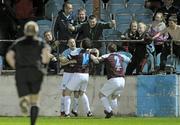 30 March 2012; Brian Gannon, left, Drogheda United, celebrates after scoring his side's second goal with team-mates Paul Crowley and Stephen Quigley, right. Airtricity League Premier Division, Drogheda United v Derry City, Hunky Dory Park, Drogheda, Co. Louth. Photo by Sportsfile