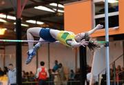 31 March 2012; Amy McTeggart, Boyne Athletic Club, Co. Louth, on her way to winning the Girls Under 17 High Jump during the Woodie’s DIY AAI Juvenile Indoor Championships of Ireland. Nenagh Indoor Arena, Nenagh, Co. Tipperary. Picture credit: Matt Browne / SPORTSFILE