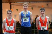 31 March 2012; Winner of the Boys Under 18 Long Jump Eoin O'Carroll, Tralee Harriers Athletic Club, Co. Kerry, with second place Colin Nolan, Enniscorthy Athletic Club, Co. Wexford, left, and third place Shane Whelan, Enniscorthy Athletic Club, Co. Wexford, right. Woodie’s DIY AAI Juvenile Indoor Championships of Ireland, Nenagh Indoor Arena, Nenagh, Co. Tipperary. Picture credit: Matt Browne / SPORTSFILE