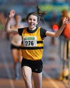 31 March 2012; Louise Shanaha, Leevale Athletic Club, Co. Cork, celebrates after winning the Girls Under 16 800m at the Woodie’s DIY AAI Juvenile Indoor Championships of Ireland. Nenagh Indoor Arena, Nenagh, Co. Tipperary. Picture credit: Matt Browne / SPORTSFILE