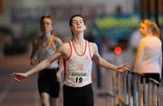 31 March 2012; Cian McBride, North Sligo Athletic Club, celebrates after winning the Boys Under 16 800m at the Woodie’s DIY AAI Juvenile Indoor Championships of Ireland. Nenagh Indoor Arena, Nenagh, Co. Tipperary. Picture credit: Matt Browne / SPORTSFILE