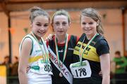 31 March 2012; Winner of the Girls Under 15 800m Aishling Forkan, Swinford Athletic Club, Co. Mayo, with second place Lauryn Kealy, St. Abbans Athletic Club, Co. Carlow, left, and third place Rebekah Nixon, Dromore Athletic Club, Co.  Down, right. Woodie’s DIY AAI Juvenile Indoor Championships of Ireland. Nenagh Indoor Arena, Nenagh, Co. Tipperary. Picture credit: Matt Browne / SPORTSFILE
