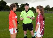 26 July 2017; Referee Stephen McNulty with captain Bridgit Wall of Cork, left, and Kate Geraghty of Galway ahead of the All Ireland Ladies Football Under 16 A Final match between Cork and Galway at McDonagh Park, Nenagh, Co. Tipperary. Photo by Seb Daly/Sportsfile