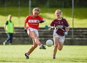 26 July 2017; Sally McCarthy of Cork kicks a point under pressure from Siobhán Fahy of Galway during the All Ireland Ladies Football Under 16 A Final match between Cork and Galway at McDonagh Park, Nenagh, Co. Tipperary. Photo by Seb Daly/Sportsfile