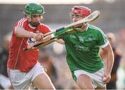 26 July 2017; Barry Nash of Limerick in action against John Cashman of Cork during the Bord Gáis Energy Munster GAA Hurling Under 21 Championship Final match between Limerick and Cork at the Gaelic Grounds in Limerick. Photo by Stephen McCarthy/Sportsfile