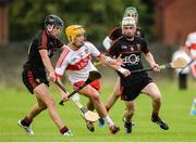 26 July 2017; John Mullan of Derry in action against Daithi Sands and Jordan Doran of Down during the Bord Gáis Energy Ulster GAA Hurling U21 Championship Final match between Derry and Down at Corrigan Park in Belfast. Photo by Oliver McVeigh/Sportsfile