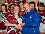 26 July 2017; Aoife Lynagh of Galway is presented with the Player of the Match trophy by Connacht LGFA President Liam McDonagh following the All Ireland Ladies Football Under 16 A Final match between Cork and Galway at McDonagh Park, Nenagh, Co. Tipperary. Photo by Seb Daly/Sportsfile